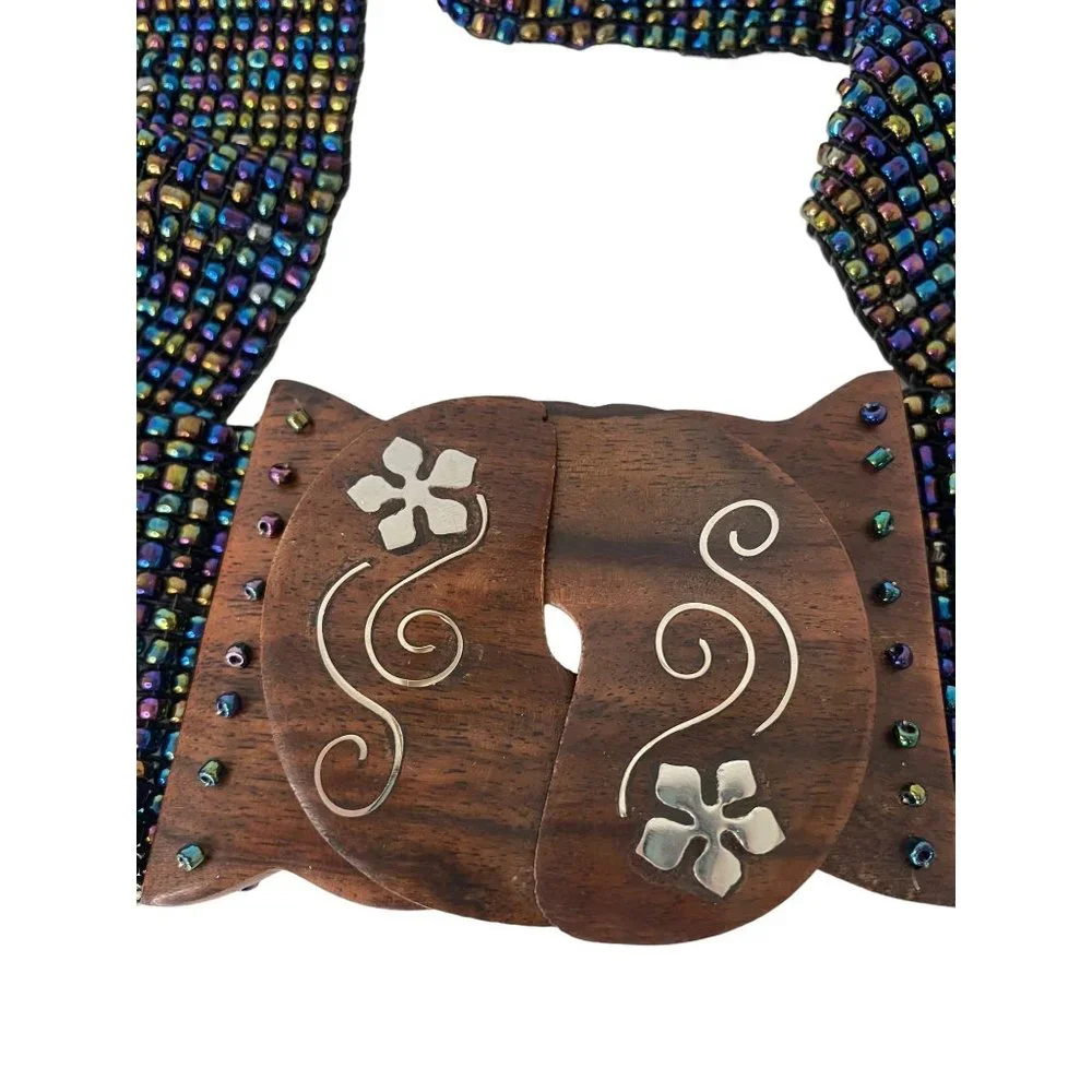 Handmade seed beaded belt stretchy multicolor inlaid‎ wood floral 2.5